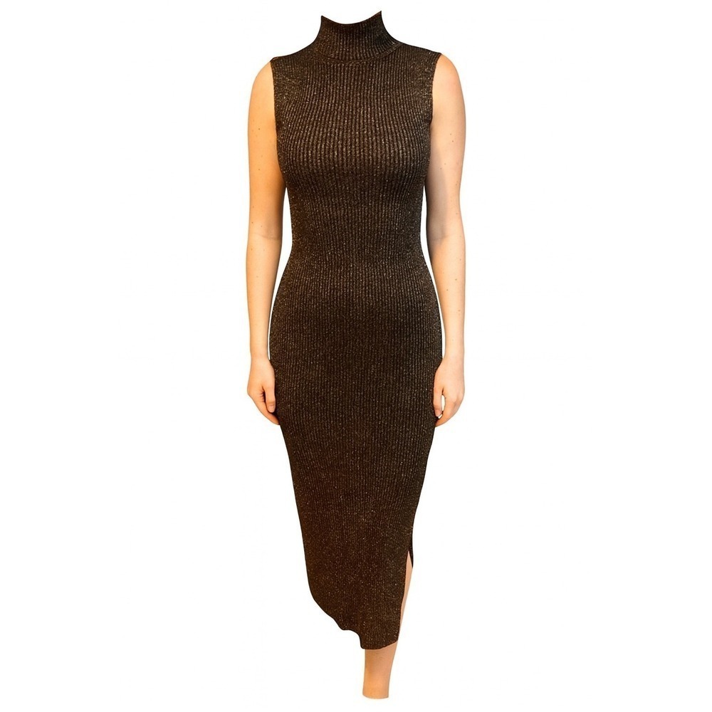 Boston Proper Ribbed Metallic Knit Turtleneck Midi Dress Black/Gold Large NWT